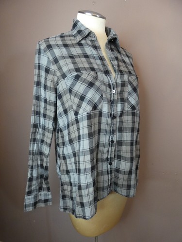Enza Costa Women's 2 Plaid Hi Low Top Button Up Cotton Distressed Grey Black - Picture 5 of 11