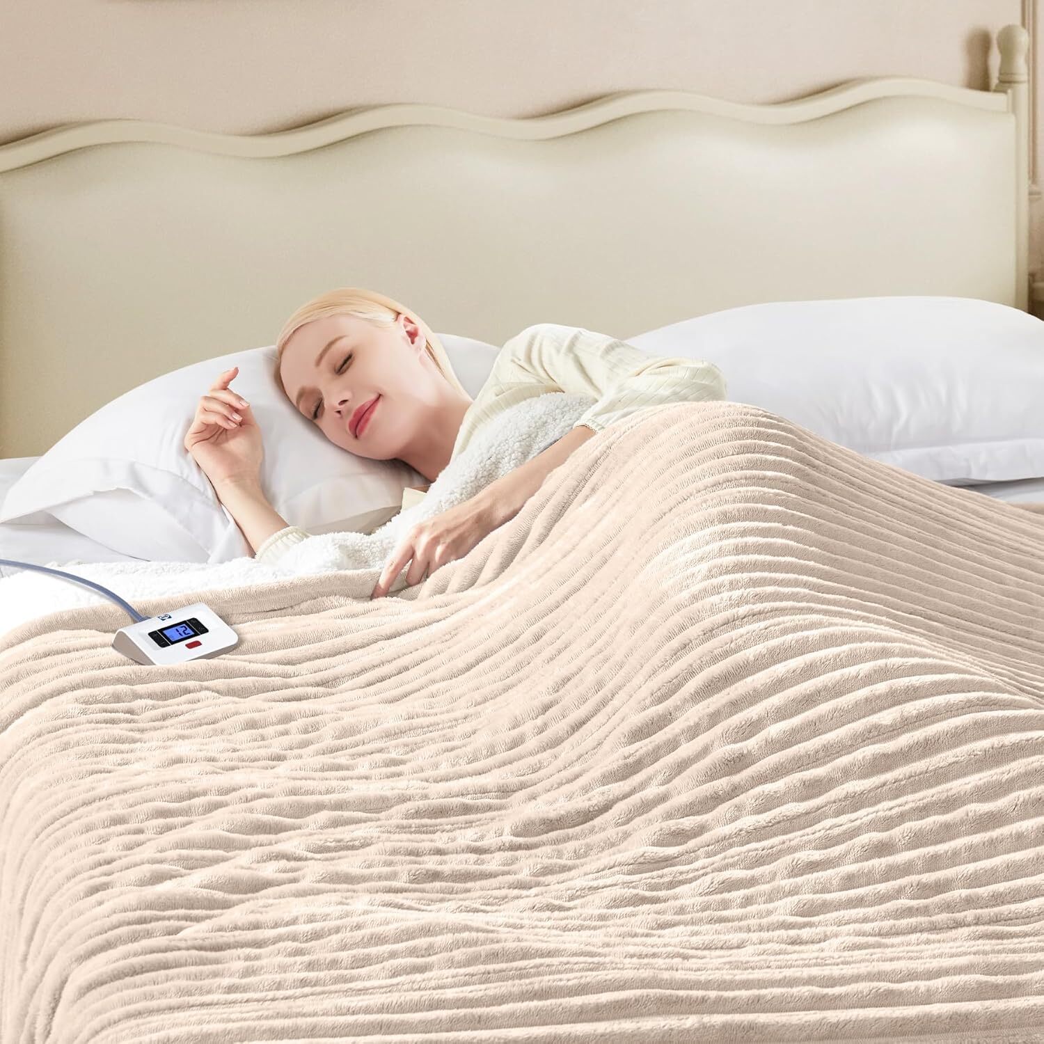 Sealy Full Electric Blanket Reversible Ribbed Flannel to Sherpa Heating-image