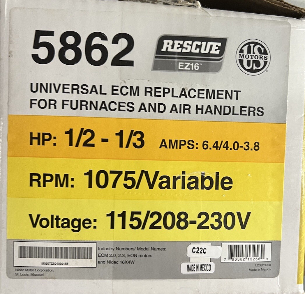 US Motors 5862 ECM Motor 1/21/3 HP, 1075 RPM, 115/208230V Rescue