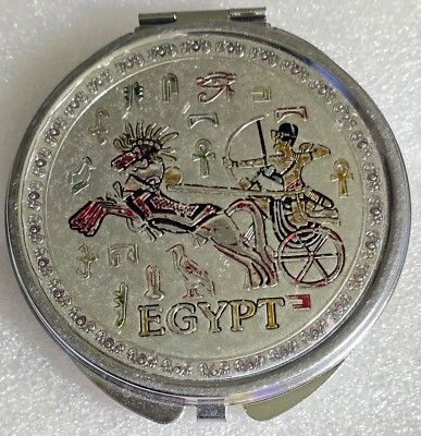 Vintage Egyptian Revival Pharaoh Horse Eye Cross  ''EGYPT'' Double Mirror Compact