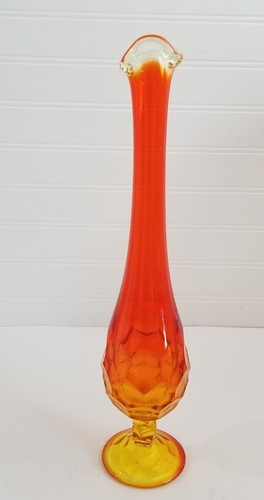 Vintage Viking Glass Swung Vase 15" Persimmon Orange Hexagon Pattern Rim Glows - Picture 12 of 13
