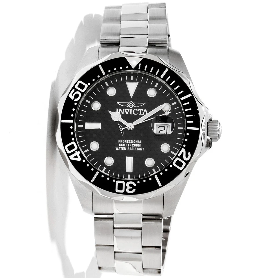 Invicta Men's Watch Pro Diver Silver SS Bracelet Black Carbon Fiber Dial 12562