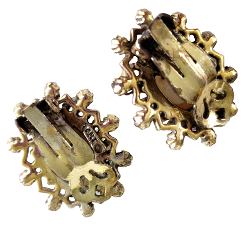 Art Arthur Pepper Victorian Rev Fx Pearl Turquoise GoldTone Clip Earrings 1-1/8" - Picture 6 of 8