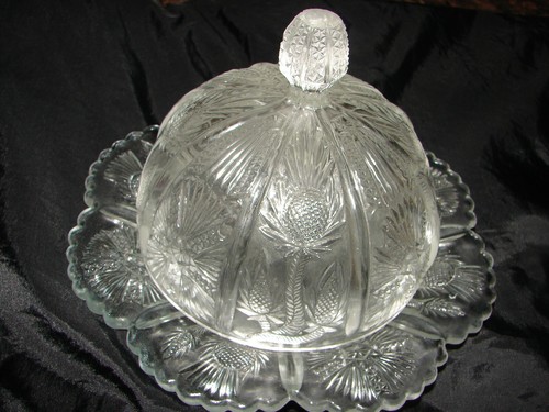 Antique EAPG Higbee Delta Paneled Thistle Domed Round Butter Dish 2 Pieces - Picture 1 of 6