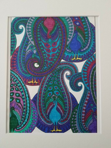 Colorful wall art - paisley peacocks - purple, green, blue - matted - Picture 2 of 2
