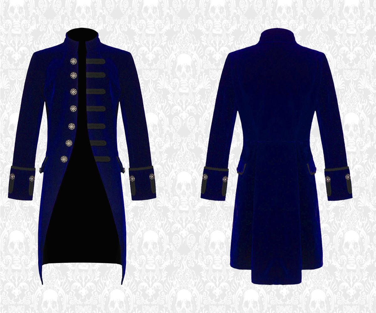 New Mens Steampunk Tailcoat Jacket Velvet Gothic Victorian Blue Frock Coat