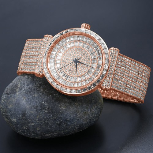Rose Gold Copper Tone Baguette Simulated Diamond 10 Row Custom Band Mens Watch - Bild 1 von 6