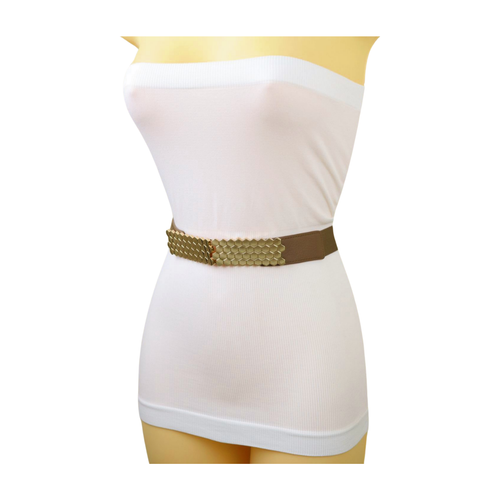 Mujeres Marrón Taupe Elástico Ajustado Día Noche Moda Cinturón Dorado Metal Colmena S M - Imagen 3 de 21