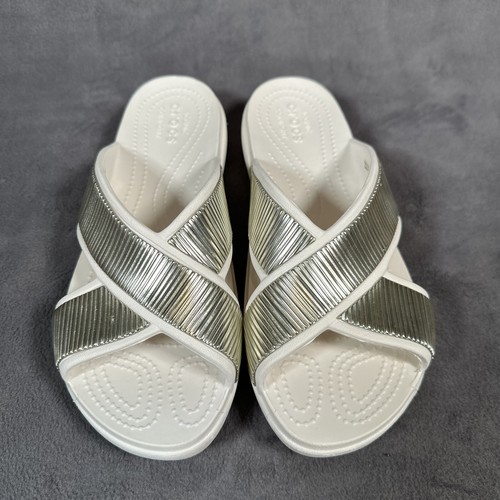 Crocs Sloane X Strap Womens Size 9 White Silver Cross Strap Slide Sandals - Picture 2 of 6