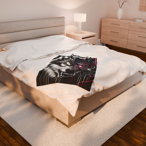 Velveteen Plush Blanket Cynical Cyber Wolf Noir Art Y2K Aesthetic AOP Vicious - Picture 9 of 13