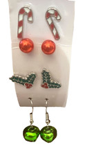 Christmas Holiday Earrings- 4 pairs -candy cane mistletoe -jingle bells-studs 5