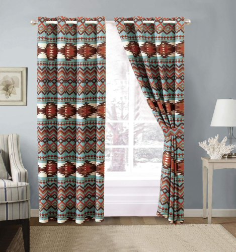 Set 2 Southwest Western Tribal Blue Brown Curtains Panels Drapes 84 in L Grommet - Picture 5 of 12