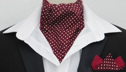 Herren Burgund und Creme Pin Punkt Baumwolle Ascot Krawatte Tasche Quadrat - Bild 3 von 3