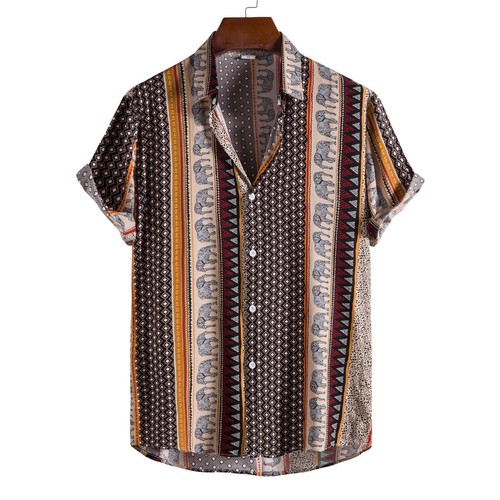 Men's Fashion Printed Short-sleeved Shirt Casual Cotton for Youth in Green Yello - Picture 21 of 30