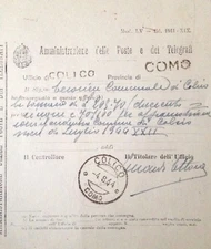 § COLICO (COMO) 1944 - RECEIPT OF L.205.70 PAID BY POST ADMINISTRATOR