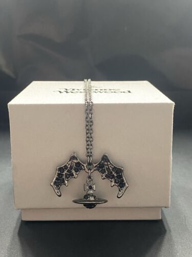 Vivienne Westwood Black Carbon Bat Necklace With Saturn Orb And Full Packaging - Picture 2 of 5