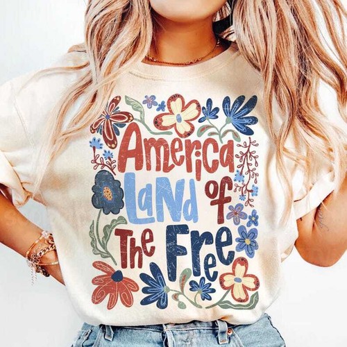 USA Land of the Free Tee Boho Flower Patriotic 4th of July Independence Shirt - Imagen 2 de 5