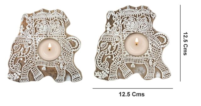 Pair of Elephant Design Wooden Tea Light Candle Holder For Diwali Décor i77-270