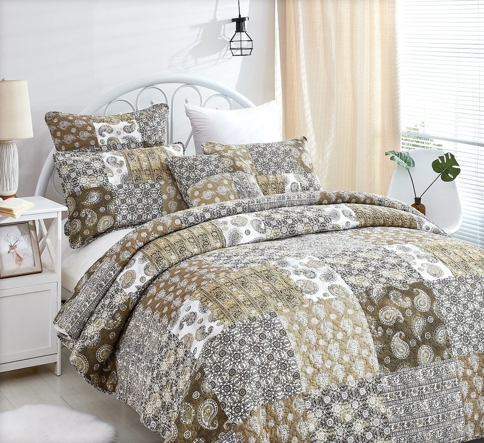 DaDa Bedding Bohemian Patchwork Paisley Floral Olive Green Brown Bedspread Set - Image 2 of 4