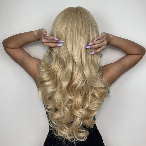 Blonde Layered Heat Resistant Hair Long Wavy Women Cosplay Party Wig With Bangs - Picture 8 of 8