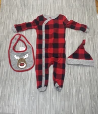 Joe Fresh Baby Buffalo Check One-Piece, Hat and Bib 3 Piece Set SZ 6-9M