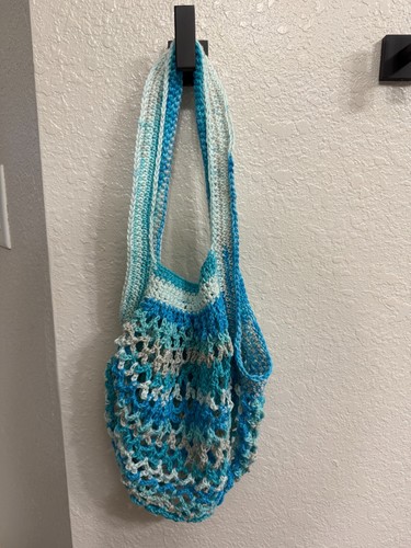 Handmade Crochet Mesh Market Bag – Teal Aqua Gray Cotton Yarn Tote, New - Picture 8 of 9