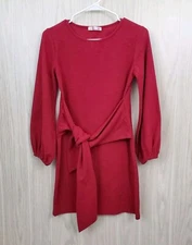 R VIVIMOS Waist Tie Crew Neck Knit Dress S 4 - 6 Rose Red Long Balloon Sleeves