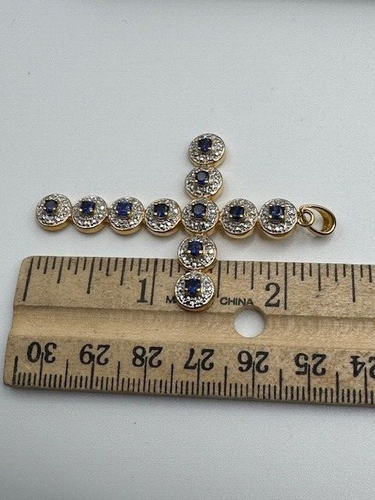 Unisex Sterling Silver 925 Sapphire Gold Tone Cross Pendant - Picture 12 of 13