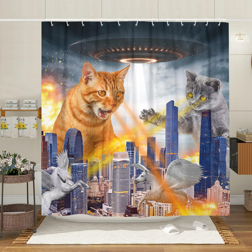 Funny Cat Bathroom Shower Curtain, Funky Cat Alien with UFO Fabric Bathroom Show