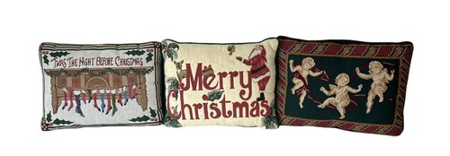 VTG Riverdale Christmas Tapestry Throw Pillows Set Of 3 Santa Angels Stockings - Picture 2 of 22