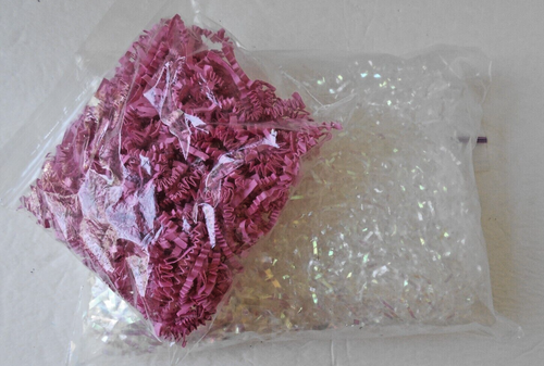PINK CRINKLE PAPER & CLEAR 'GRASS' FOR PACKING GIFT BOX / BASKET FILLER 3.5  OZ
