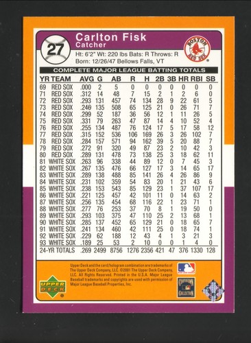 Carlton Fisk Boston Red Sox 2001 Upper Deck Decade Baseball Card - Picture 2 of 2