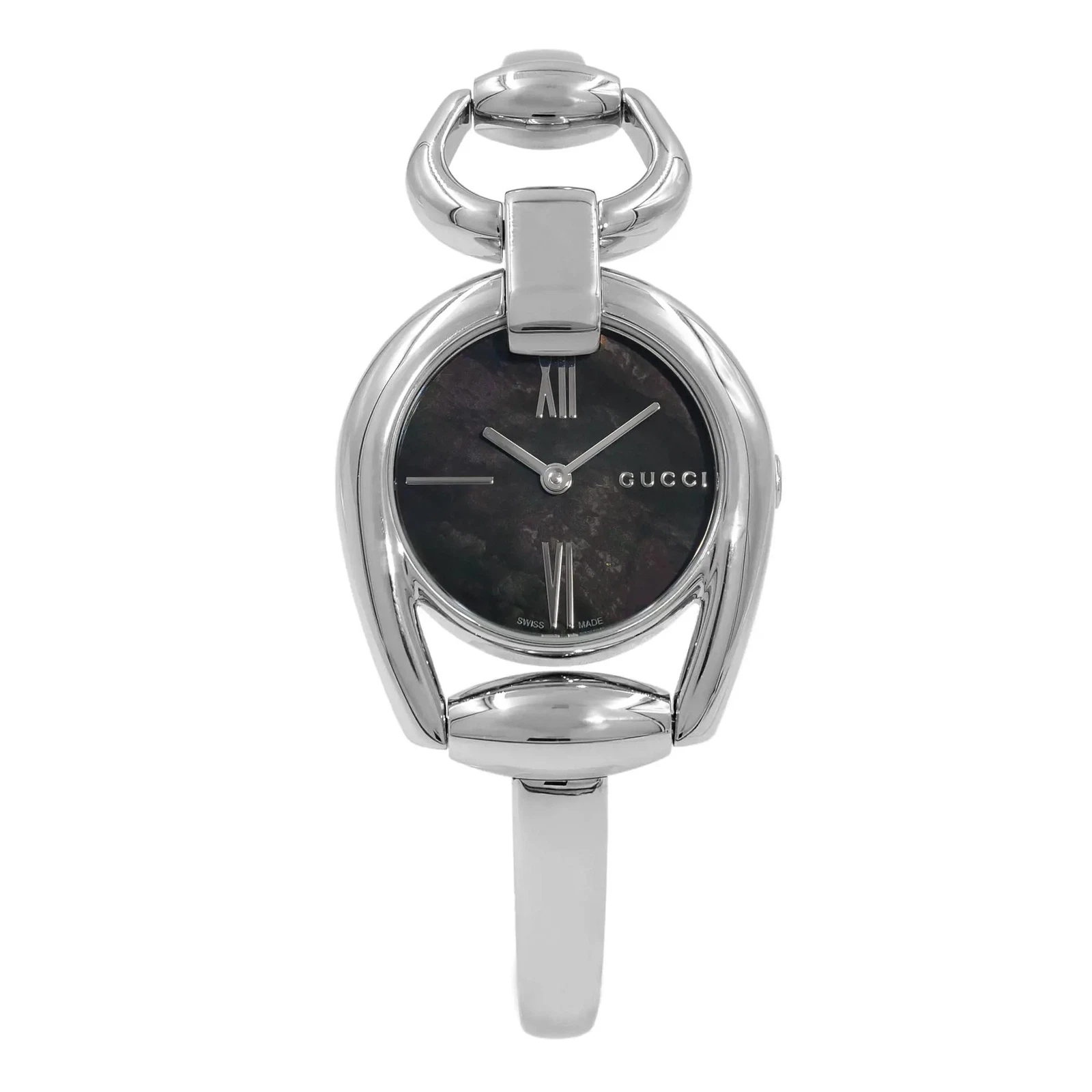 Montre pour femme Gucci Horsebit bracelet en acier cadran noir MOP à quartz YA139503