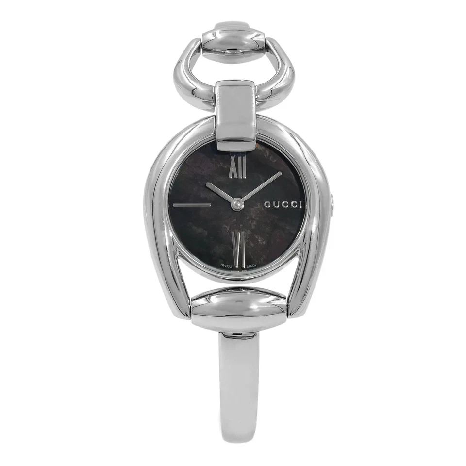 Gucci Horsebit Steel Bangle Bracelet Black MOP Dial Quartz Ladies Watch YA139503