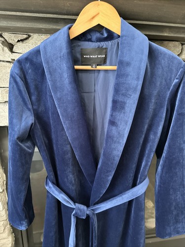 Sz Small Velvet Long Duster Open Cardigan Belted Lined Blue Coat Jacket - Picture 2 of 7