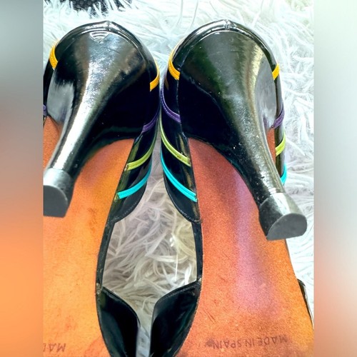 RARE FIND Frankie & baby MADE IN SPAIN Leather black heels w/leather striped bow - Picture 8 of 12