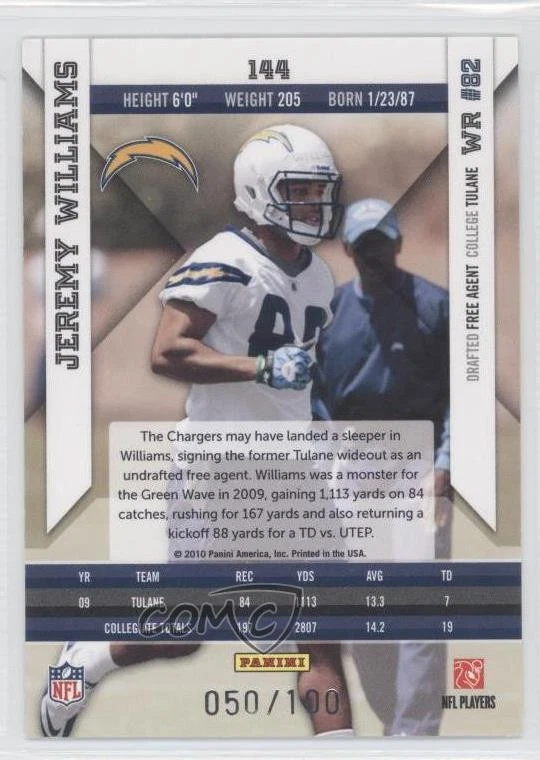 2010 Panini Epix Rookie Gold /100 Jeremy williams #144 Rookie RC - Image 2 of 2