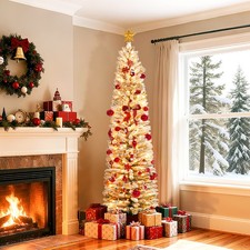 Artificial Christmas Tree 7.5ft Pre  Lit Snow Flocked White Pencil Xmas Tree