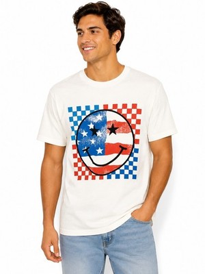 Sugar Flower White USA Smiley Patriotic Tee Short Sleeve Men's T-shirt Size L