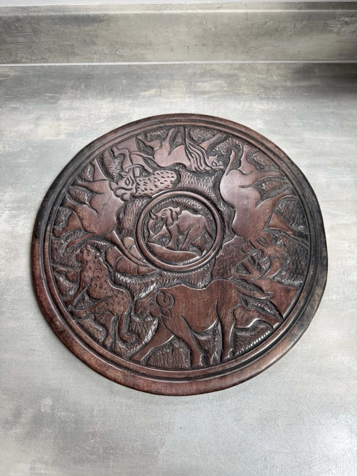 African Hand Carved Wooden Decorative Plate/Platter Double Sided Safari Animals