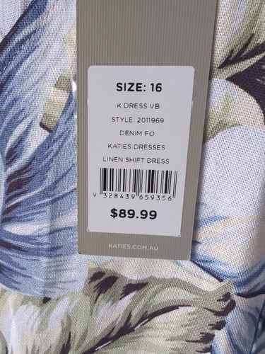NWT Katies Short Sleeve Linen Shift Dress 16 Blue Leaf Print Summer RRP $89.99 - Picture 4 of 10