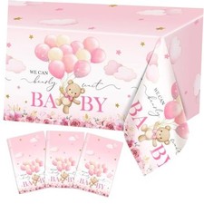 3 Pcs Bear Baby Shower Tablecloth We Can Bearly Wait Table Cloths Bear Pink