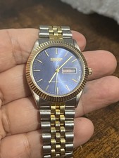 Vtg Sharp Men's Watch Quartz Stainless Two Tone 35mm Japan Blue Dial Collectible