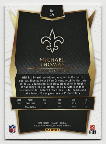 Panini Select 2016 Michael Thomas novato plata New Orleans Saints #19 - Imagen 2 de 2