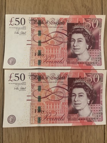 Crisp UNC Elizabeth ♊️ Paper £50 note X2 (serial Number Linked) Victoria Cleland