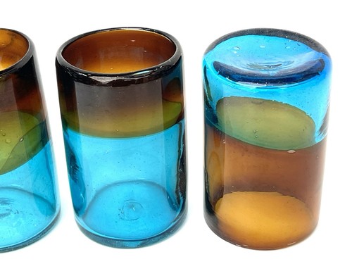 4er Set mundgeblasene mexikanische Gläser Bernstein & Blau Rustikal Kunsthandwerk Becher - Bild 16 von 22