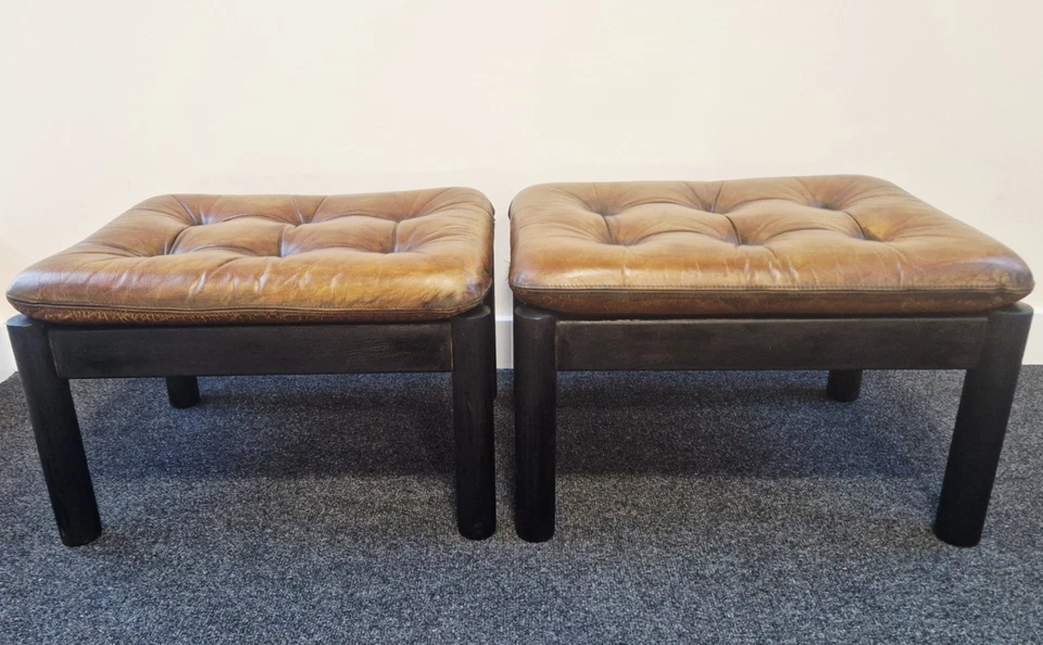2 Mid-century Footstools, Ebonised Beech Frame, Brown Leather Tufted Cushions - image 4 of 4