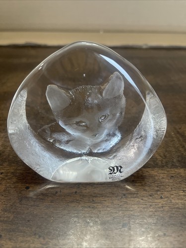Mats Jonasson geätzte Katze Briefbeschwerer voll Bleikristall 3 Zoll Schweden - Bild 1 von 7