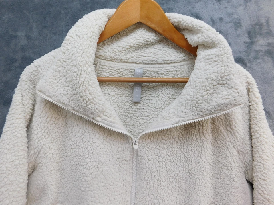 Chaqueta Athleta Mujer Mediana Sherpa Polar Cremallera Acanalada Borde Acogedor Pullover Foto 2 de 4