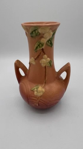 Vintage Roseville Snowberry Rose Color Pottery Vase IV-7